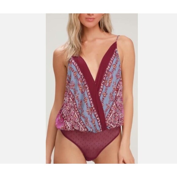 Free People Tops - Free People Women's boho Border Babe Bodysuit Size XS red Pink Blue Scarf style